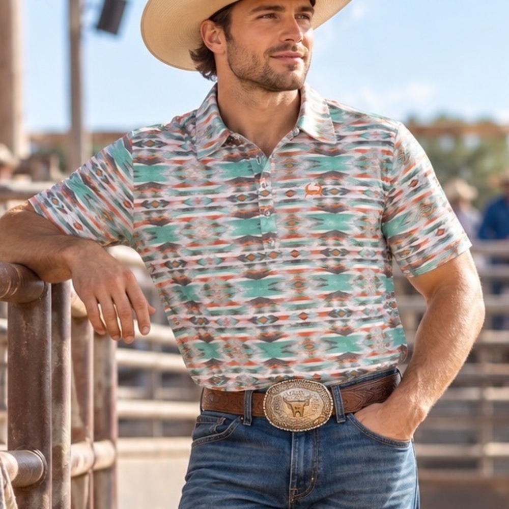 Cinch Mens Southwestern Geometric Print Polo Shirt MSK7910002 Teal Orange L CR3